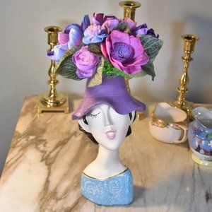 Bright cheerful and fun! Woman in hat planter/vase w/Sola wood flowers